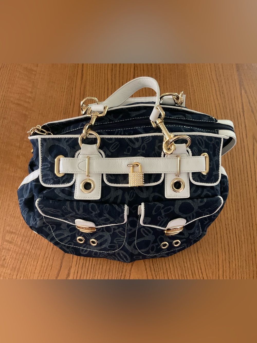 Bebe Navy Patterned Satchel with White Trim and Gold Hardware